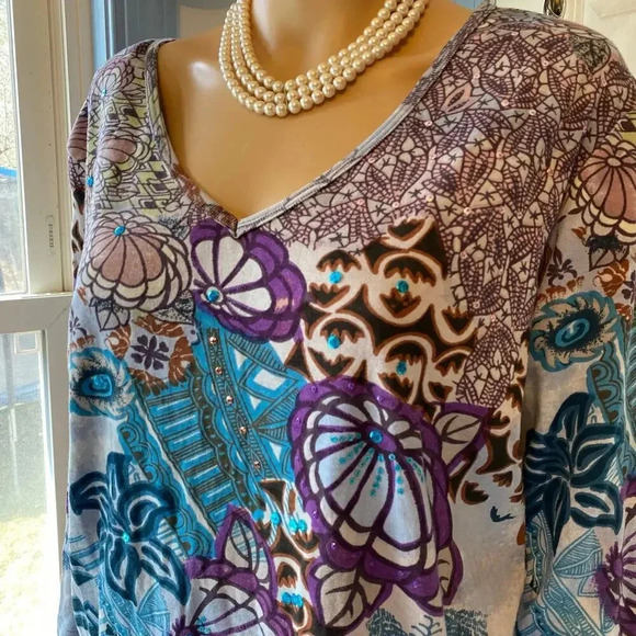 Le Mieux Studio V neck Floral Beach Summer Casual Artsy Top Womens XL Stretch - Picture 5 of 6